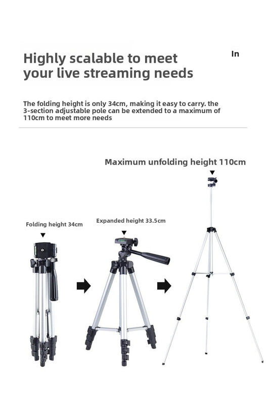 110cm Lightweight Camera & Phone Tripod Stand - Portable Aluminium Travel Tripod with 3-Way Head, Bubble Level & Universal Smartphone Holder - 3110 Adjustable Mount for Live Stream & Vlogging - Black and Silver - Image 2
