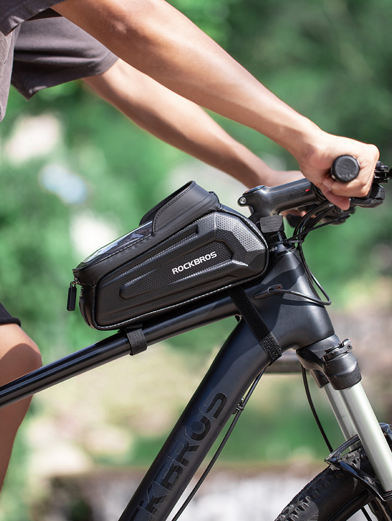 ROCKBROS Hard Shell Bike Top Tube Bag - Waterproof Cycling Frame Pouch with TPU Touchscreen Phone Holder & Sun Visor - 1.7L Large Capacity for MTB & Road Bikes - Black - Image 1