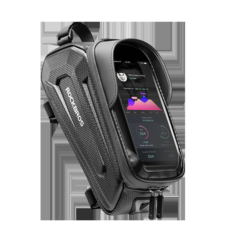 ROCKBROS Hard Shell Bike Top Tube Bag - Waterproof Cycling Frame Pouch with TPU Touchscreen Phone Holder & Sun Visor - 1.7L Large Capacity for MTB & Road Bikes - Black - Image 2