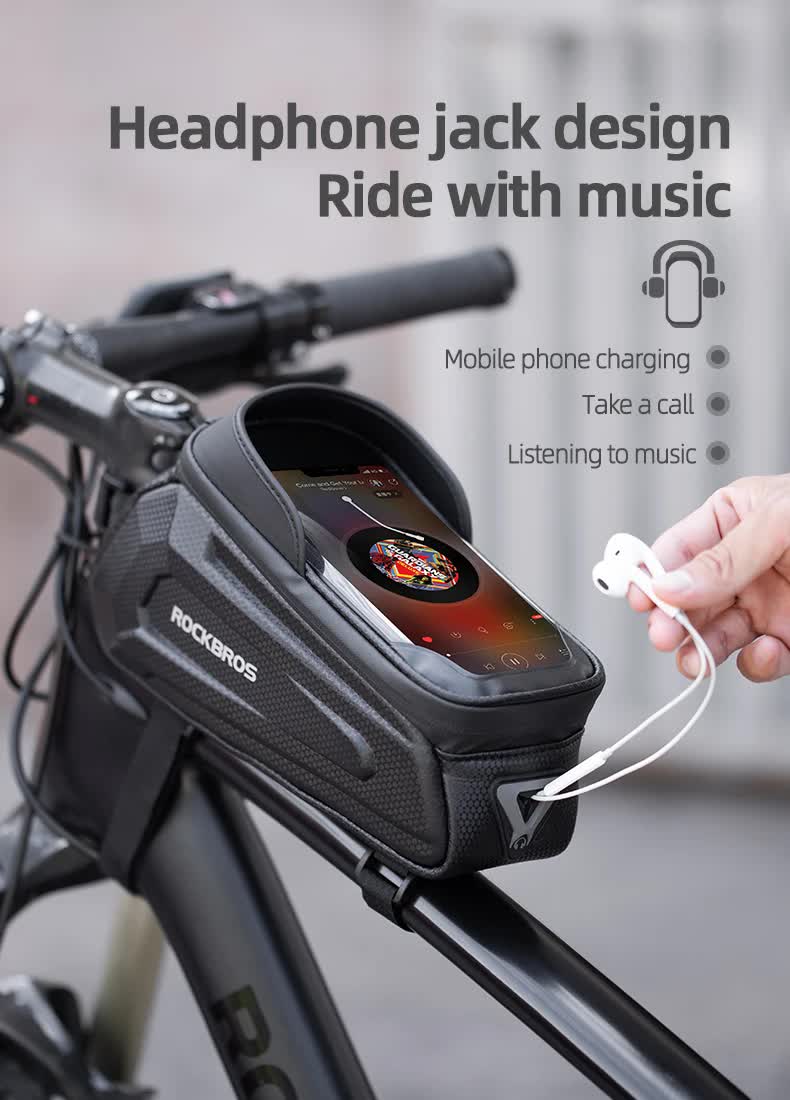 ROCKBROS Hard Shell Bike Top Tube Bag - Waterproof Cycling Frame Pouch with TPU Touchscreen Phone Holder & Sun Visor - 1.7L Large Capacity for MTB & Road Bikes - Black - Image 3