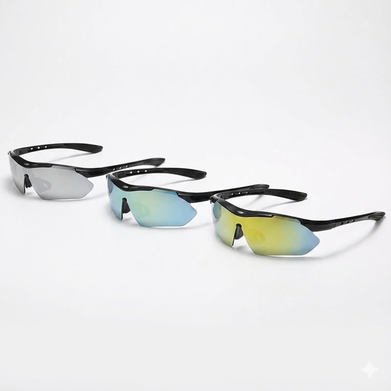 3 PCS Outdoor Cycling Sunglasses Set Black Frame Sports Glasses Silver Gold and Light Colorful Mirror Lenses UV Protection Unisex Running Fishing - Image 1
