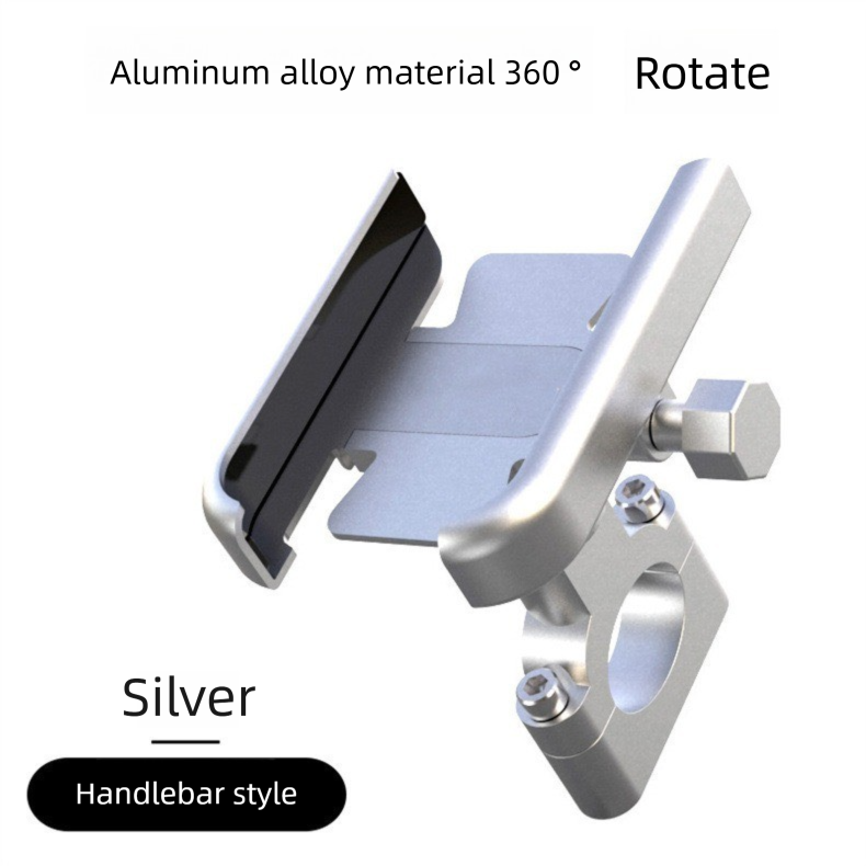 Universal Aluminium Motorcycle Phone Holder Handlebar Mount 360 Rotation Anti-Shake CNC Metal for Bike Scooter 4-7 Inch Phones Sliver - Image 1