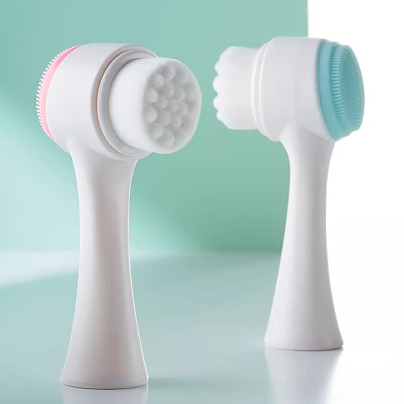 2 PCS Dual Sided Facial Cleansing Brush Set Soft Microfiber & Silicone Scrubber Manual Face Washer Exfoliator Tool Blue & Pink for Deep Pore Cleaning - Image 1