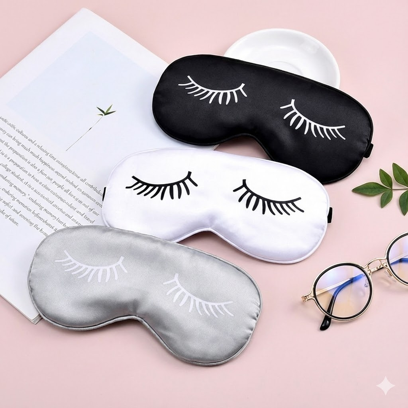 3 PCS Silky Satin Sleep Mask Set Cute Eyelash Design Soft Light Blocking Eye Cover with Adjustable Strap for Travel Nap Black White Grey - Image 1