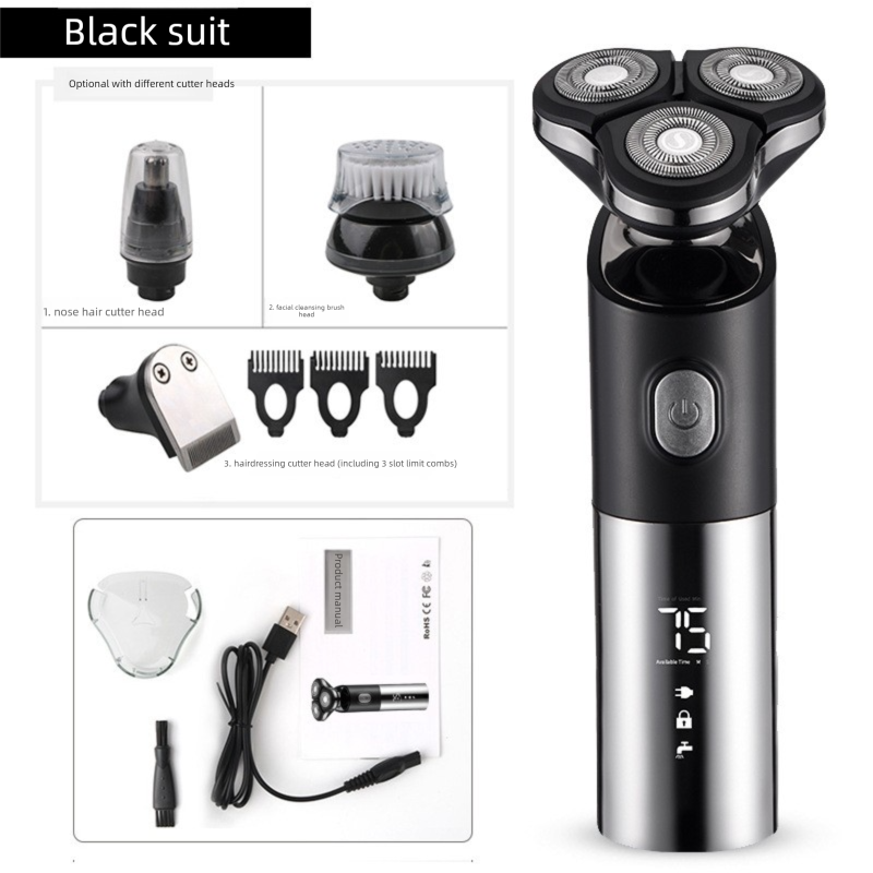 Men's 4-in-1 Electric Shaver Grooming Kit 3D Rotary Razor with Nose Trimmer Hair Clipper Facial Brush Wet & Dry Waterproof Black - Image 1