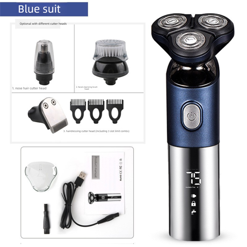 Electric Shaver for Men 3D Rotary Razor Wet and Dry Waterproof USB Rechargeable LED Display Travel Lock Gift Box Blue - Image 1