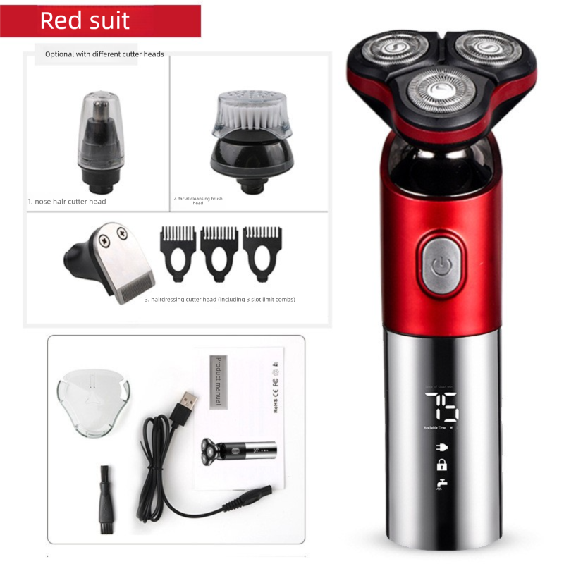 Electric Shaver for Men 3D Rotary Razor Wet and Dry Waterproof USB Rechargeable LED Display Travel Lock Gift Box Red - Image 1