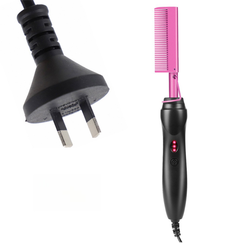 2-in-1 Electric Hot Comb Hair Straightener & Curler Titanium Alloy Heating Fast Heat Up Anti-Scald Pressing Comb with AU Plug 3 Temp Settings Pink - Image 1