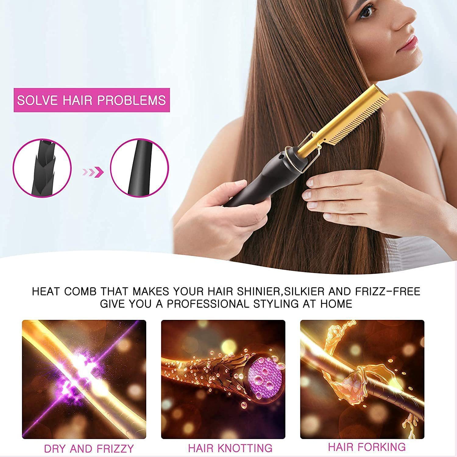 2-in-1 Electric Hot Comb Hair Straightener & Curler Titanium Alloy Heating Fast Heat Up Anti-Scald Pressing Comb with AU Plug 3 Temp Settings Pink - Image 3