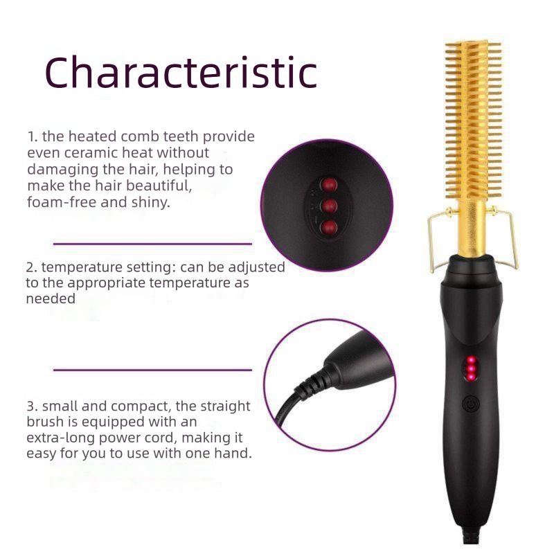 2-in-1 Electric Hot Comb Hair Straightener & Curler Titanium Alloy Heating Fast Heat Up Anti-Scald Pressing Comb with AU Plug 3 Temp Settings Pink - Image 4