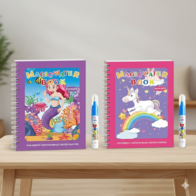 2 PCS Magic Water Colouring Book Mermaid & Unicorn Themes Reusable Painting Activity Set Mess Free Travel Toy for Kids - Image 1