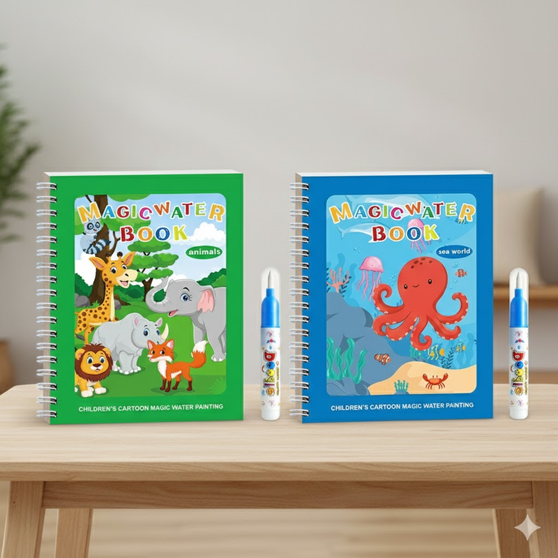 2 PCS Magic Water Colouring Book Animals & Sea World Themes Reusable Painting Activity Set Mess Free Travel Toy for Kids - Image 1