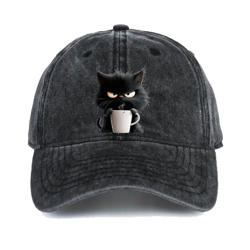 Black Washed Cotton Baseball Cap with Cat Print - Spring/Summer Casual Adjustable Unisex Couple Sun Hat - Image 1
