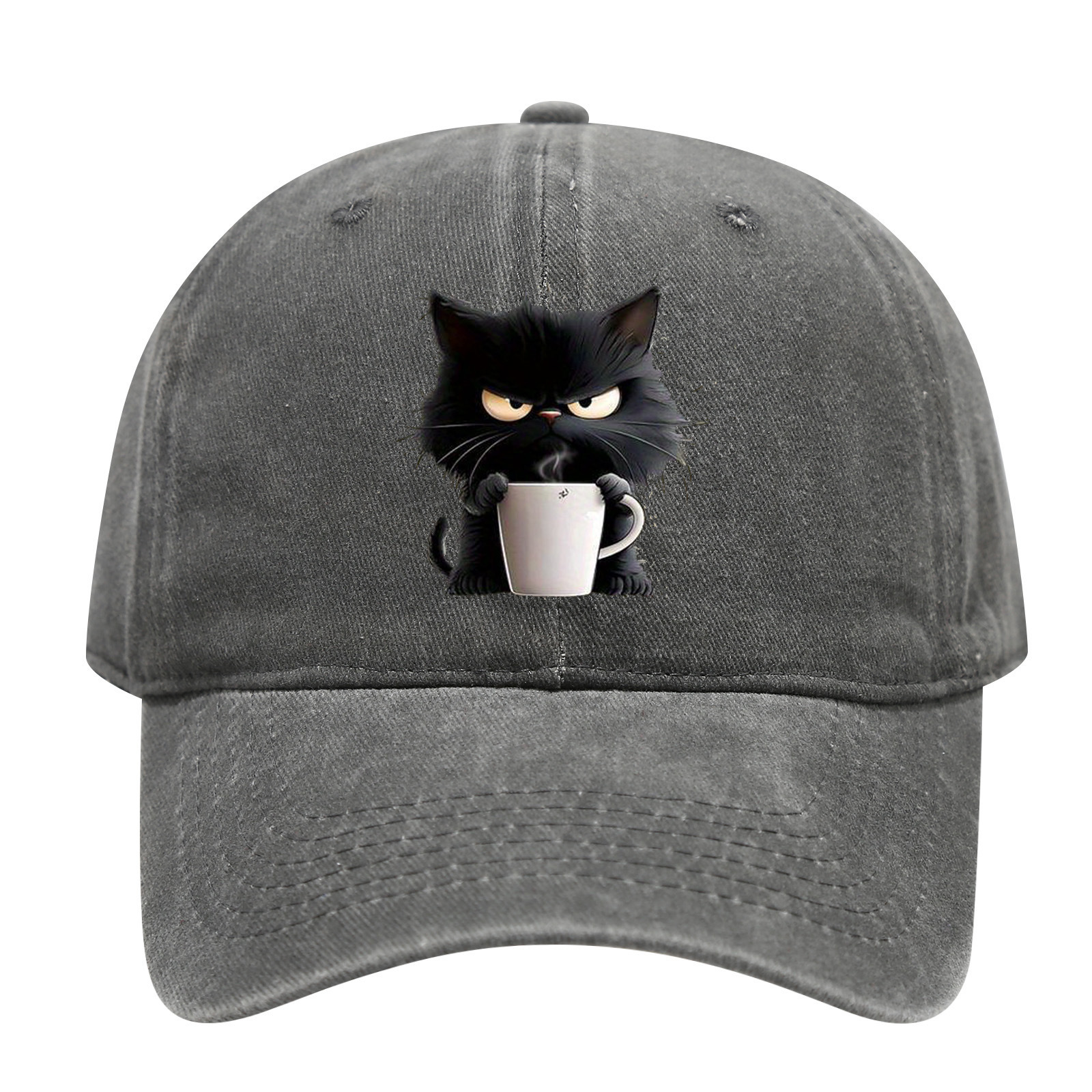 Grey Washed Cotton Baseball Cap with Cat Print - Spring/Summer Casual Adjustable Unisex Couple Sun Hat - Image 1