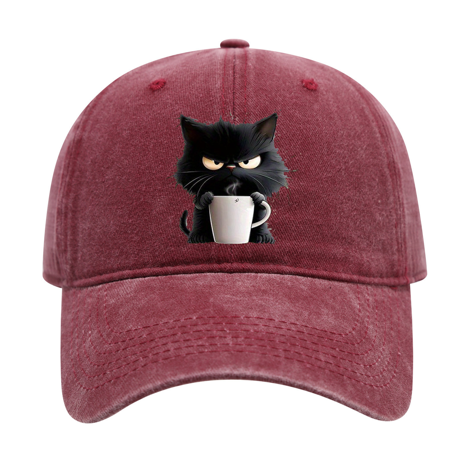 Red Washed Cotton Baseball Cap with Cat Print - Spring/Summer Casual Adjustable Unisex Couple Sun Hat - Image 1