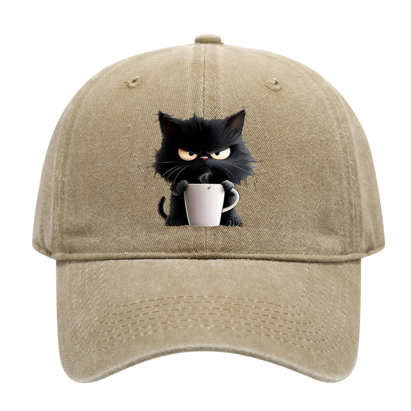 Khaki Washed Cotton Baseball Cap with Cat Print - Spring/Summer Casual Adjustable Unisex Couple Sun Hat - Image 1
