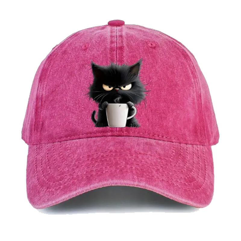 Pink Washed Cotton Baseball Cap with Cat Print - Spring/Summer Casual Adjustable Unisex Couple Sun Hat - Image 1