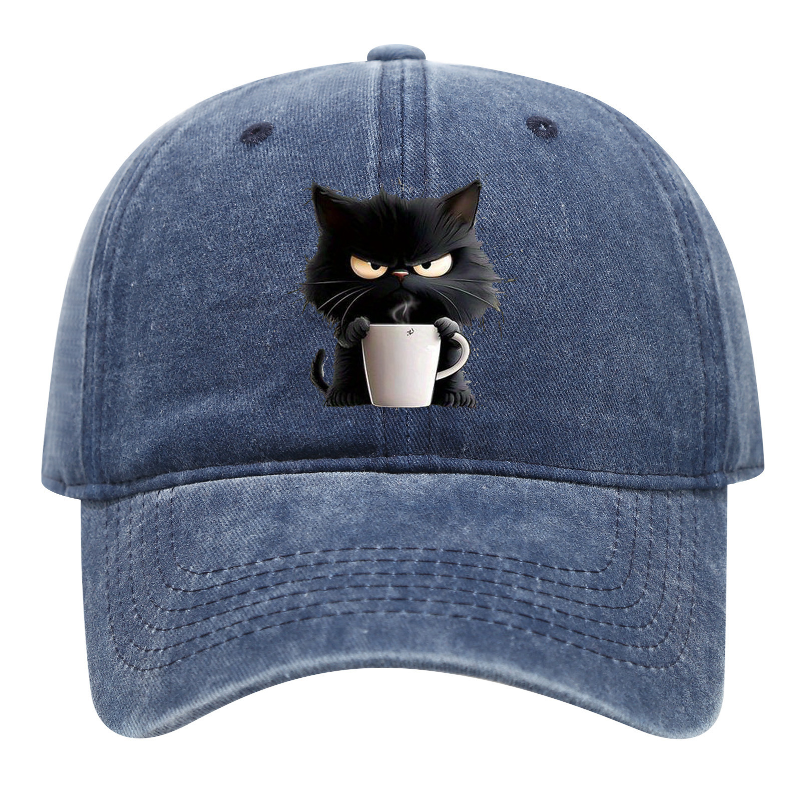 Blue Washed Cotton Baseball Cap with Cat Print - Spring/Summer Casual Adjustable Unisex Couple Sun Hat - Image 1