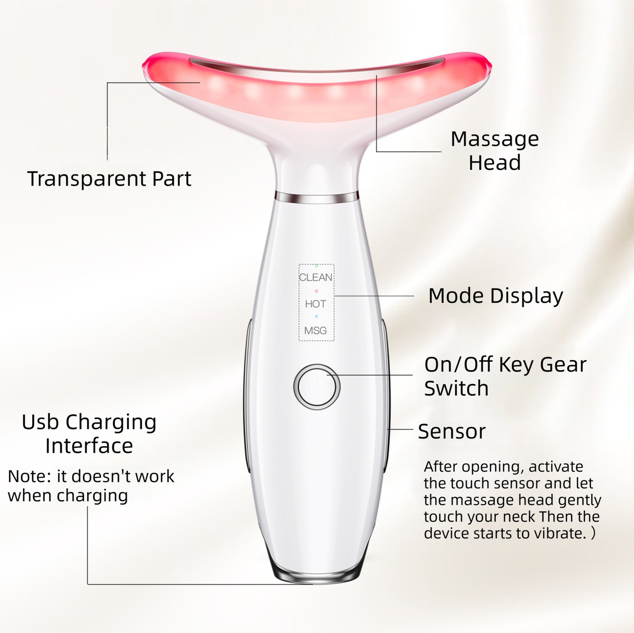 White Color Light Therapy Beauty Tool and Neck Massager -  Essence Infusion Device for Lifting, Firming, Hydration & Skin Rejuvenation - Image 4