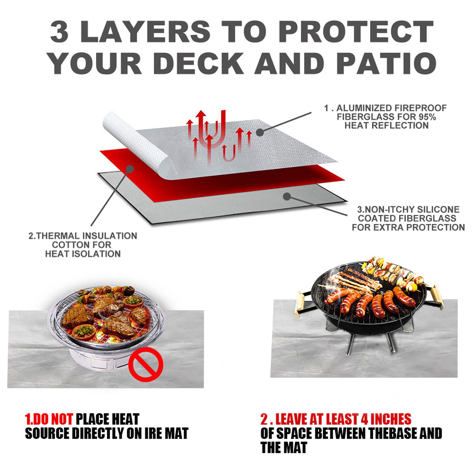 150x100 CM Outdoor Fire Pit Mat and Grill Pad - Up to 500°C Resistant Square Deck Protector for Barbecues, Fire Pits & Smokers - Image 2