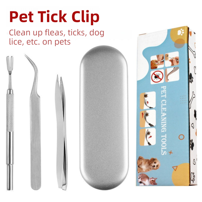 Stainless Steel Pet Tick Remover Tool Kit - Professional Fork, Double-Head Clip, and Curved Tweezers for Dogs and Cats - Image 1