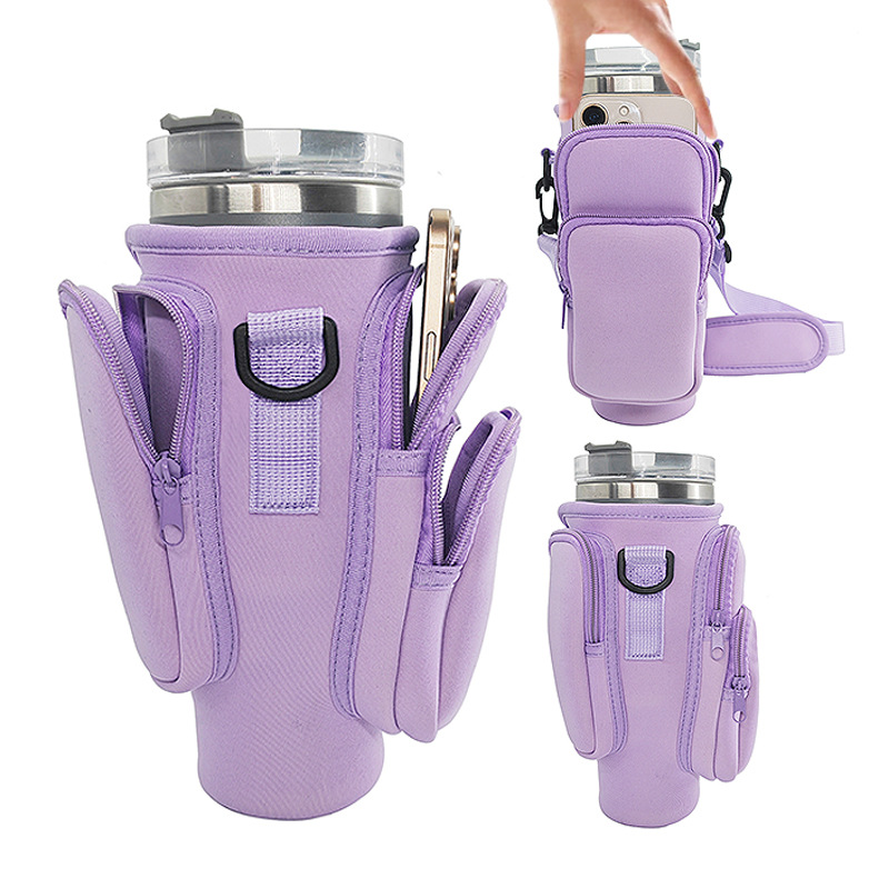 40oz Purple Insulated Tumbler Carrier Sleeve with Adjustable Shoulder Strap - Neoprene Triple-Pocket Holder for Outdoor and Car Use - Image 1