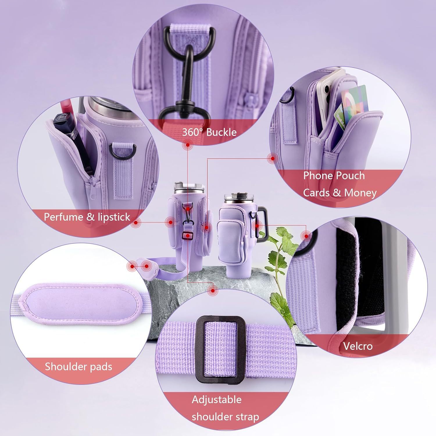 40oz Purple Insulated Tumbler Carrier Sleeve with Adjustable Shoulder Strap - Neoprene Triple-Pocket Holder for Outdoor and Car Use - Image 4