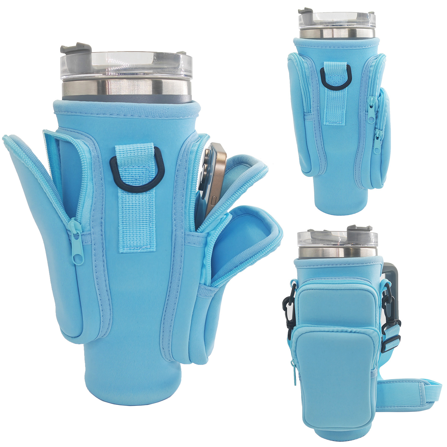 40oz Blue Insulated Tumbler Carrier Sleeve with Adjustable Shoulder Strap - Neoprene Triple-Pocket Holder for Outdoor and Car Use - Image 1