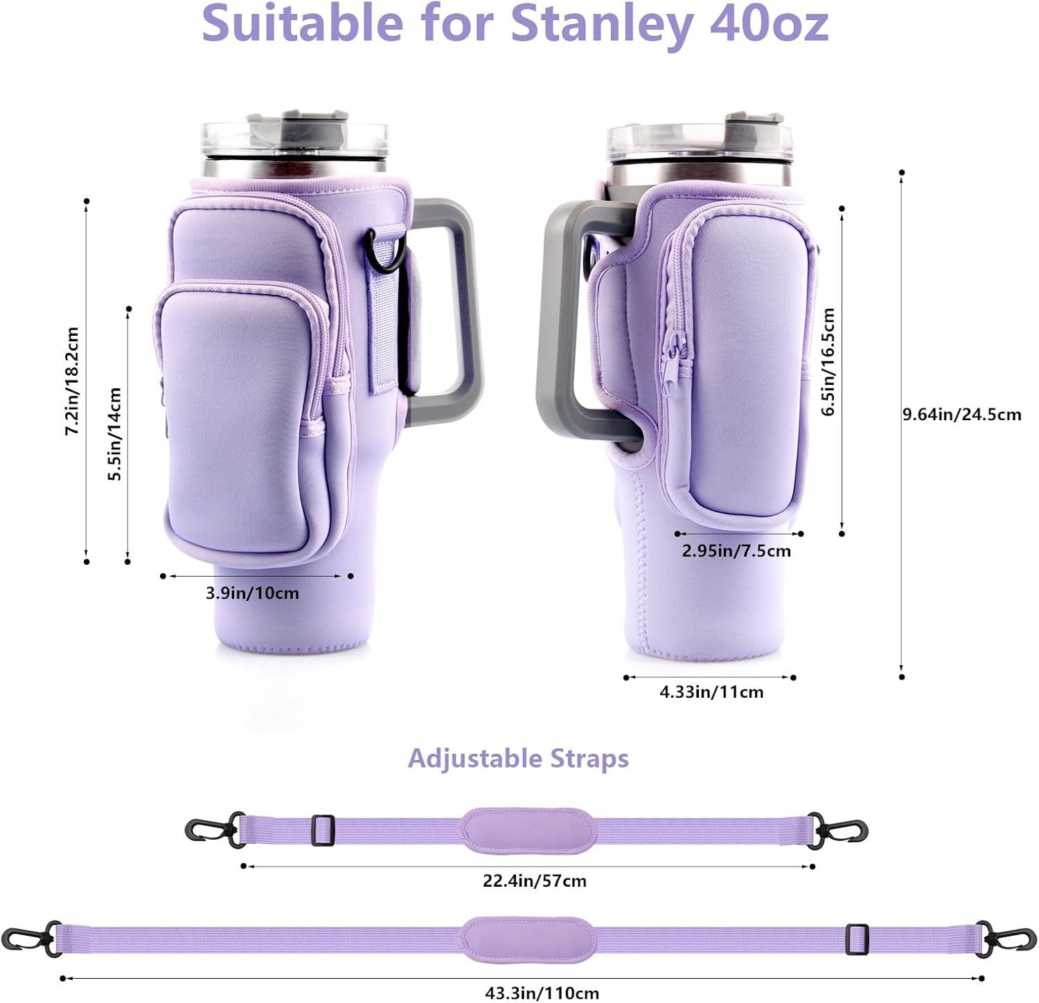 40oz Blue Insulated Tumbler Carrier Sleeve with Adjustable Shoulder Strap - Neoprene Triple-Pocket Holder for Outdoor and Car Use - Image 3