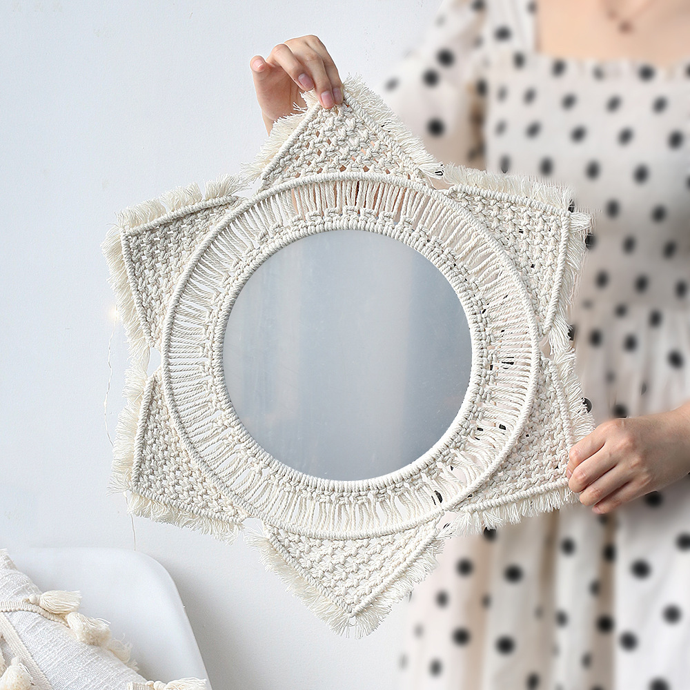 M0864 Bohemian Macrame Wall Hanging Mirror with Hand-Woven Petal Accents - Artistic Round Fringe Mirror for Home Decor - Image 1