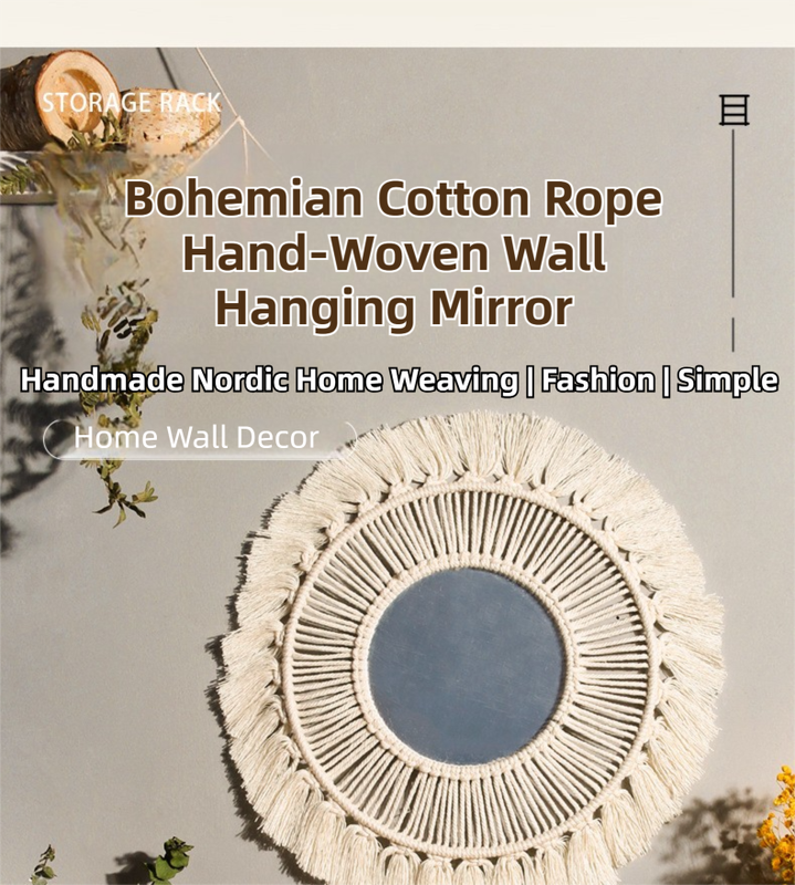 M0864 Bohemian Macrame Wall Hanging Mirror with Hand-Woven Petal Accents - Artistic Round Fringe Mirror for Home Decor - Image 3