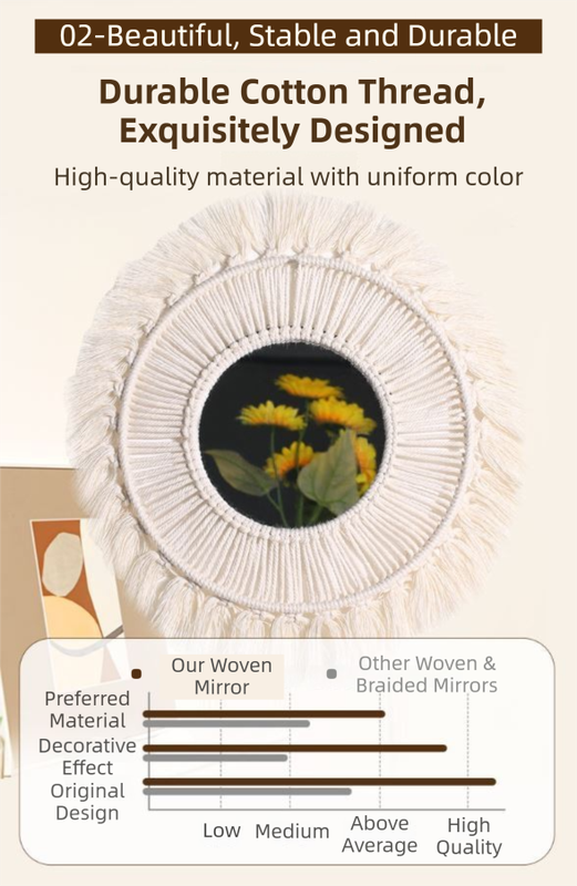 M0864 Bohemian Macrame Wall Hanging Mirror with Hand-Woven Petal Accents - Artistic Round Fringe Mirror for Home Decor - Image 5