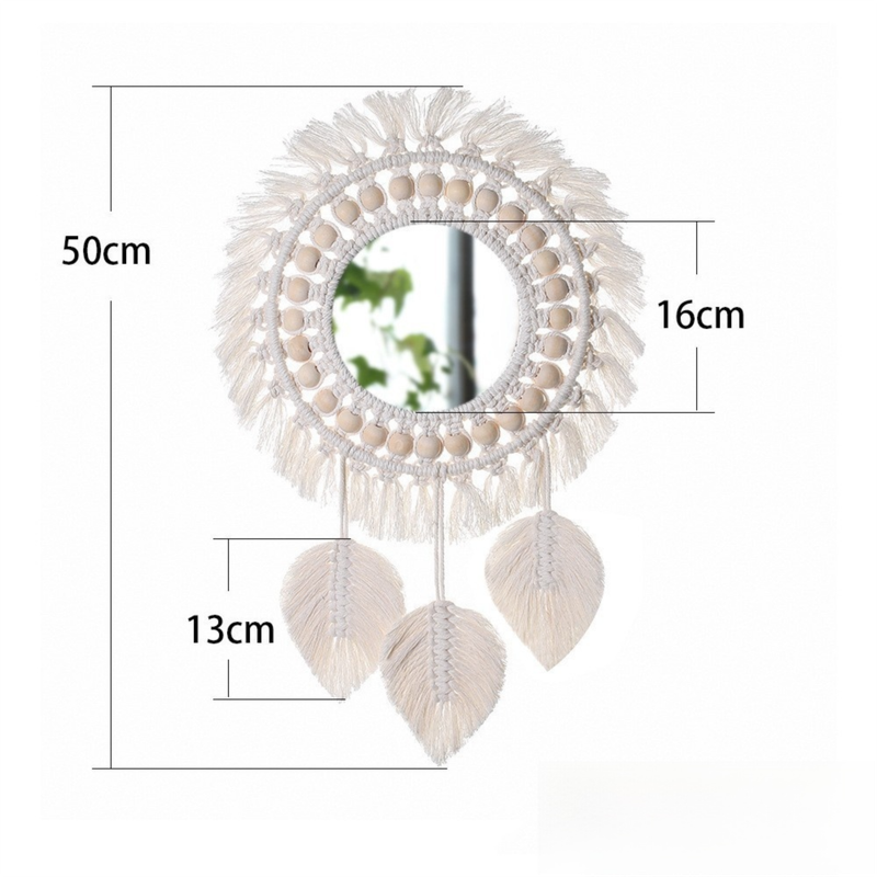 M0404 Bohemian Macrame Wall Hanging Mirror with Hand-Woven Petal Accents - Artistic Round Fringe Mirror for Home Decor - Image 1