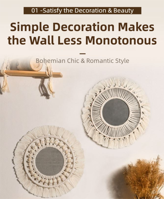 M0404 Bohemian Macrame Wall Hanging Mirror with Hand-Woven Petal Accents - Artistic Round Fringe Mirror for Home Decor - Image 3