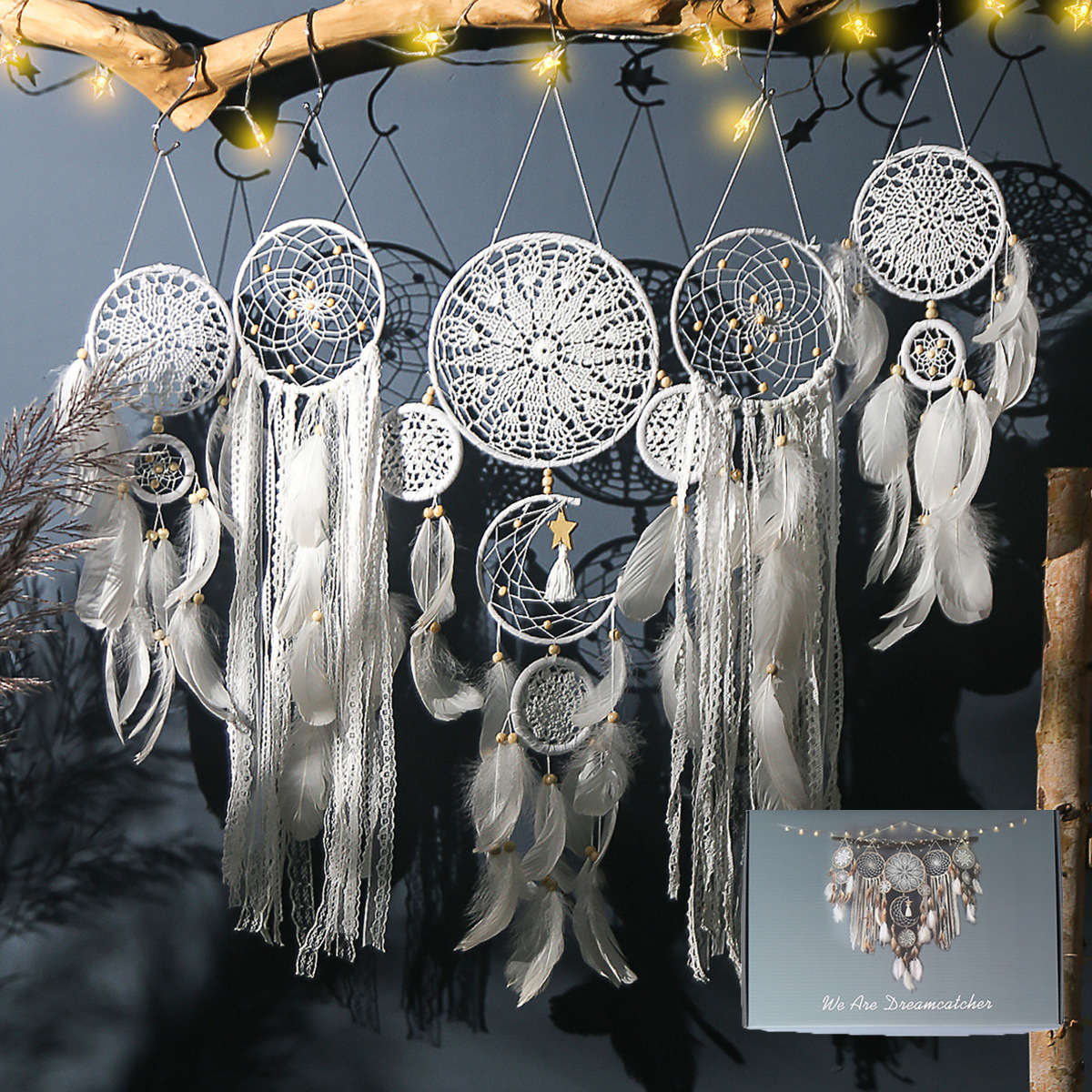5-Piece Bohemian Handmade Dreamcatcher Wall Hanging Set (White) - Nordic Style Feather Room Decor with Premium Gift Box - Image 1