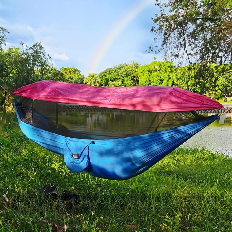 290 x 140CM Professional Nylon Hammock with Integrated Mosquito Net & Sunshade - 2-Person  Anti-Rollover Camping Swing with Heavy-Duty Installation Kit (Blue Pink) - Image 1