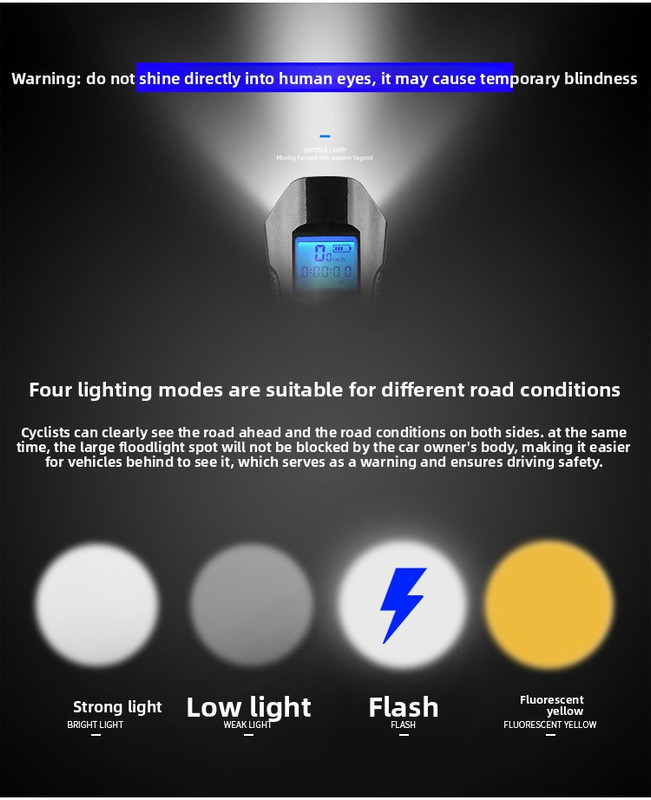 Red Professional 3-in-1 Waterproof Bicycle Headlight with Integrated Speedometer & Horn - High-Lumen Night Riding Safety Lamp, USB Rechargeable Bike Computer - Image 3