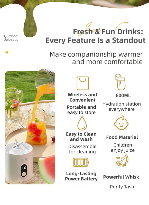 White Portable 600ml Wireless Juicer Blender with 12-Leaf Blades - 20,000 RPM High-Speed Smoothie Maker & Self-Cleaning Personal Blender for Travel and Home - Image 5