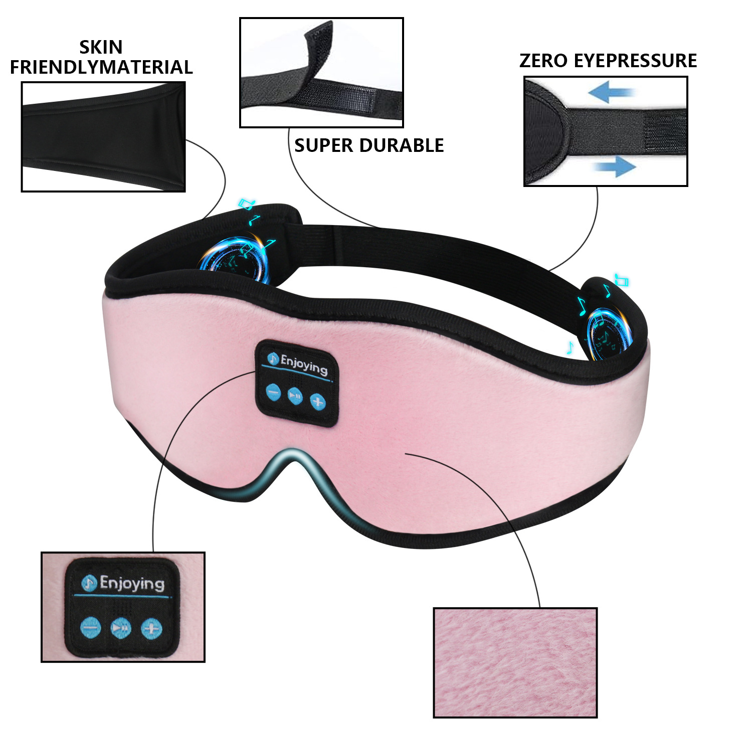 Pink 3D Wireless Bluetooth Sleep Mask with Integrated Stereo Headphones - 100% Blackout Memory Foam Eye Mask, Ultra-Long Battery Life & Washable Design - Image 2