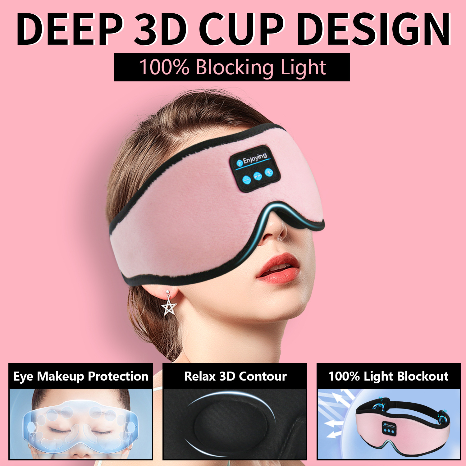 Pink 3D Wireless Bluetooth Sleep Mask with Integrated Stereo Headphones - 100% Blackout Memory Foam Eye Mask, Ultra-Long Battery Life & Washable Design - Image 3