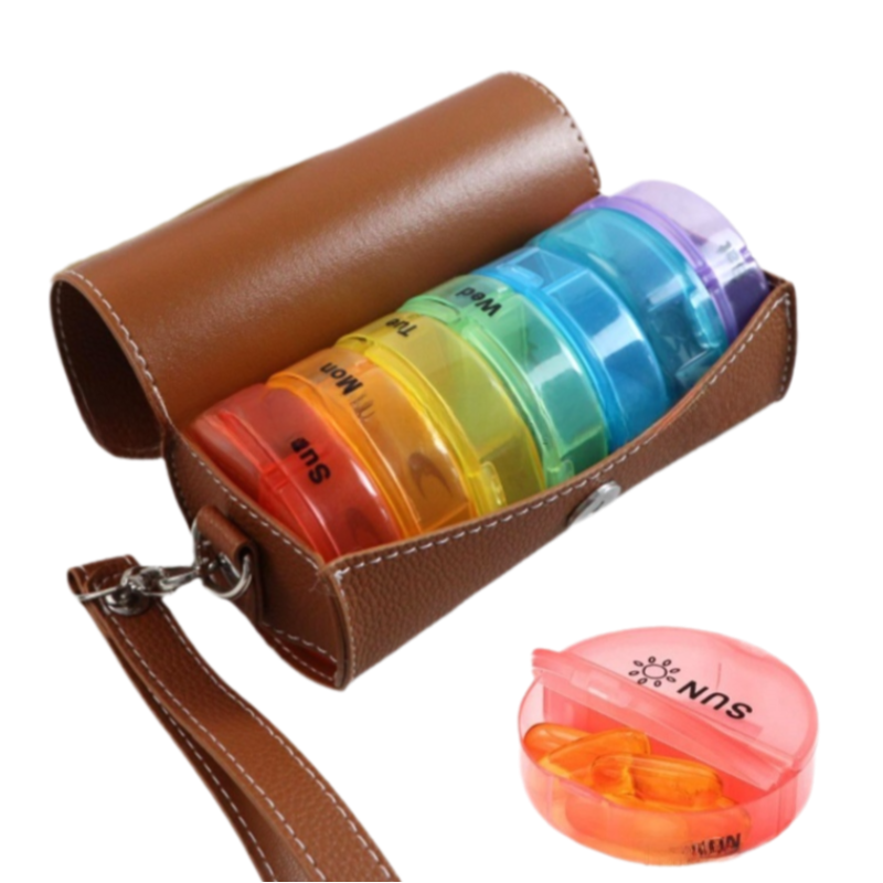 Portable 7-Day Weekly Travel Pill Organizer with Brown PU Leather Pouch - 14 Colorful Compartments AM/PM Medication Planner, Dustproof & Light-Shielding - Image 1