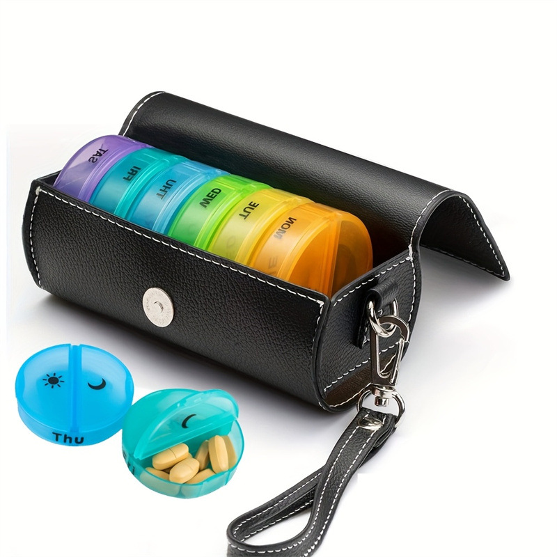 Portable 7-Day Weekly Travel Pill Organizer with Brown PU Leather Pouch - 14 Colorful Compartments AM/PM Medication Planner, Dustproof & Light-Shielding - Image 4