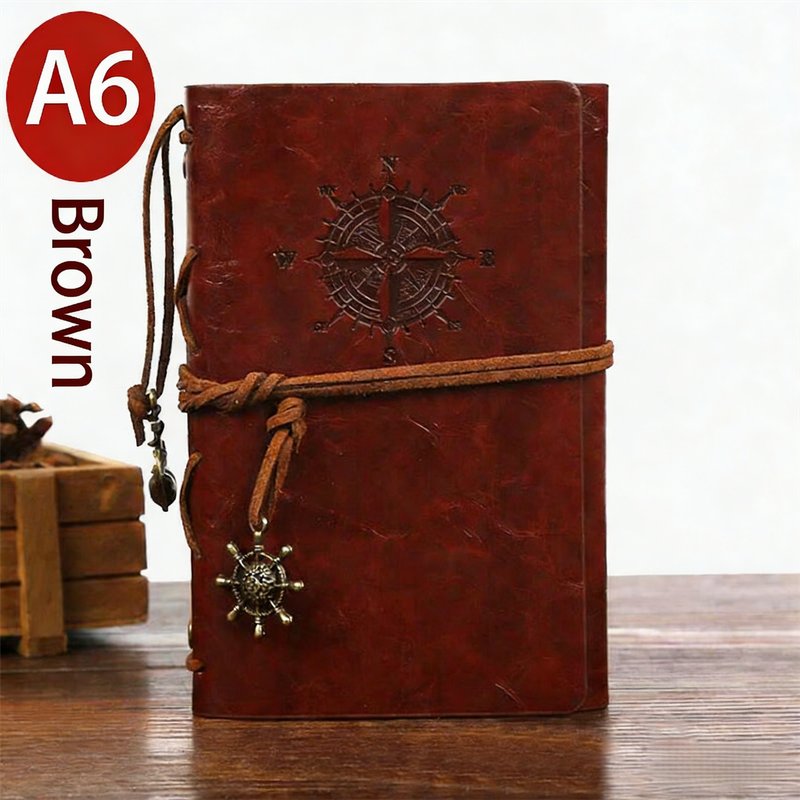 2-Pack A6 Nautical Vintage PU Leather Student Notebook - Pirate Style Strapped Diary with 150 Pages of Refillable Kraft Paper(Brown) - Image 1