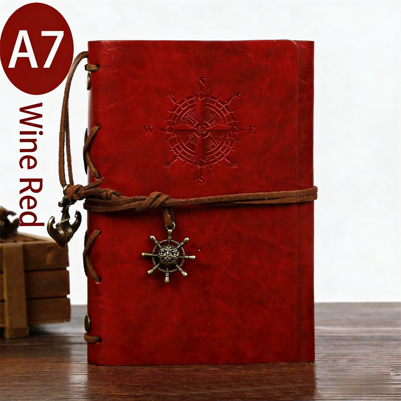 2-Pack A7 Nautical Vintage PU Leather Student Notebook - Pirate Style Strapped Diary with 150 Pages of Refillable Kraft Paper(Wine Red) - Image 1
