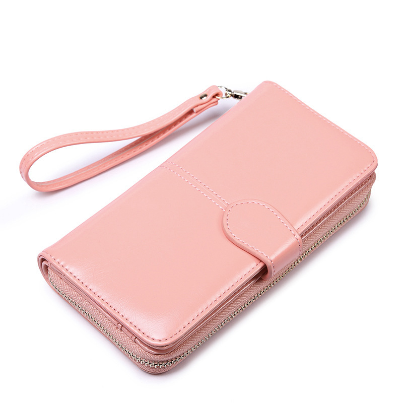 Pink Women's Long Buckle Closure Wallet - PU Lether Large Capacity Multi-Slot Card Holder & Purse Combo wIth Wristband - Image 1