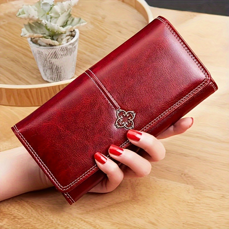 Red Women's Vintage Oil Wax Leather Long Wallet - Elegant Large Capacity Purse with Secure Zipper - Image 1