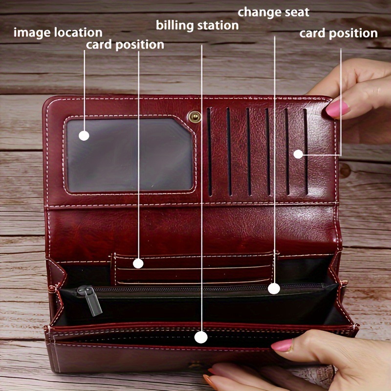 Red Women's Vintage Oil Wax Leather Long Wallet - Elegant Large Capacity Purse with Secure Zipper - Image 3