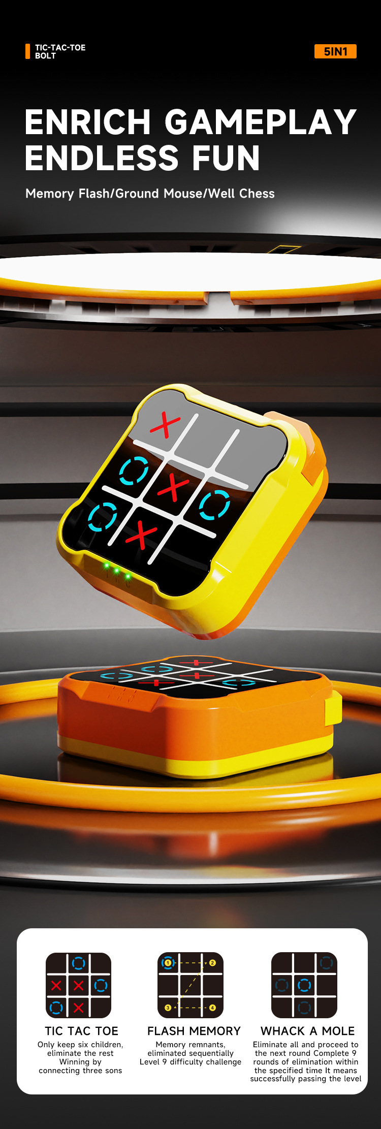 Orange All-in-One Tic-Tac-Toe Desktop Game - Portable Family Interactive Board Toy, Brain Training Puzzle & Travel-Friendly Strategy Game - Image 6