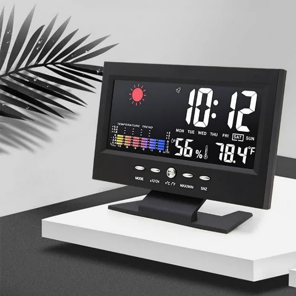 Digital Weather Forecast Clock With Alarm Clock - Color LCD Display with Date, Temperature, Humidity Monitor & Voice-Activated Backlight - Image 1