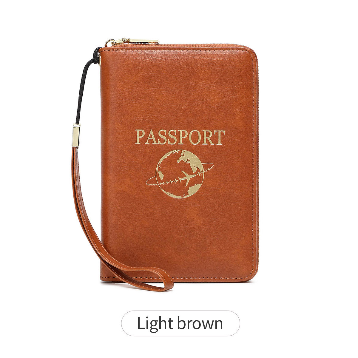 Light Brown RFID Blocking Travel Passport Holder - Multi-functional Waterproof PU Leather Security Travel Wallet with Zipper and Wristband - Image 1